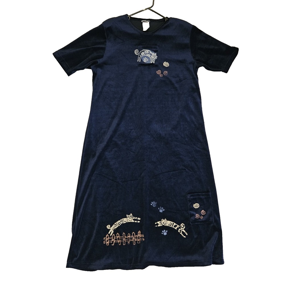 Vintage Cat Lady Liebe Velvet Navy Blue Cozy Nightgown w/Pockets Sz L